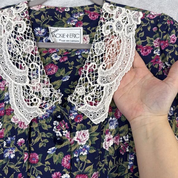 Vtg Floral Midi Dress M Petite Lace Collar Belt Modest Twee Grandma Cottage 80s - Picture 2 of 15